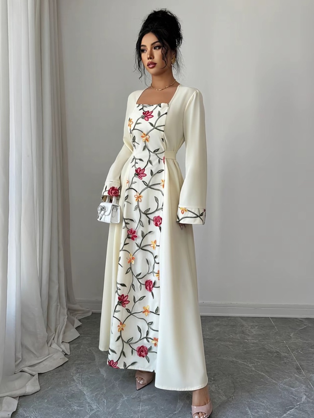 Romantic Cream Floral Maxi Dress with Wide Sleeves